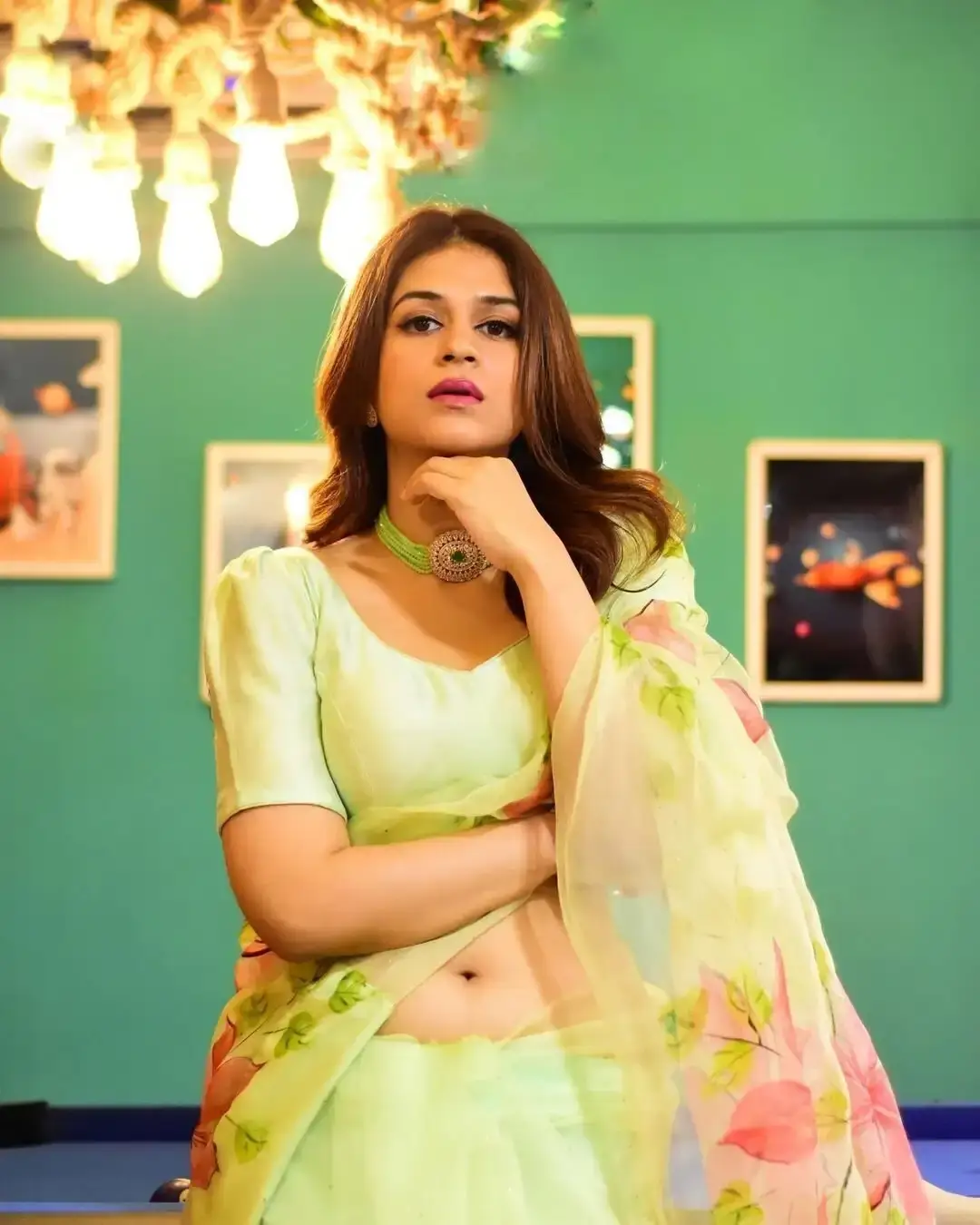 South Indian Shraddha Das in Transparent Green Saree